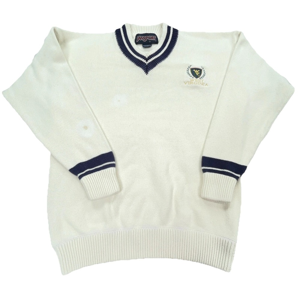 Vintage West Virginia Mountaineers Sweater Men Medium White Knit V Neck  WVU 90s
